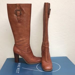 Nine West Medium Brown Stacked Heel Knee High Boot